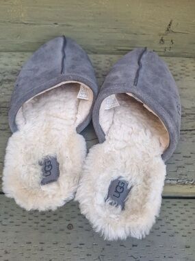UGG Gray Suede Shearling Slip-On Mules